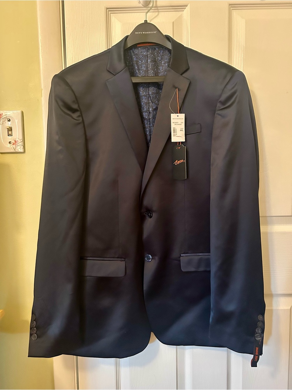 Egara Men's Navy Luxe Shine Skinny Fit Stretch Suit Jacket